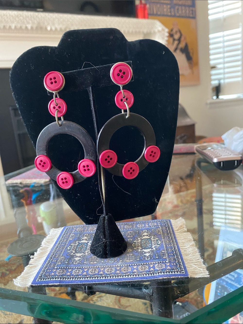 Pink Button Hoop Dangle Earrings - Women Jewelry